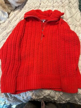 Aerie Vibrant Red Half-Zip Chenille Cable Knit Sweater